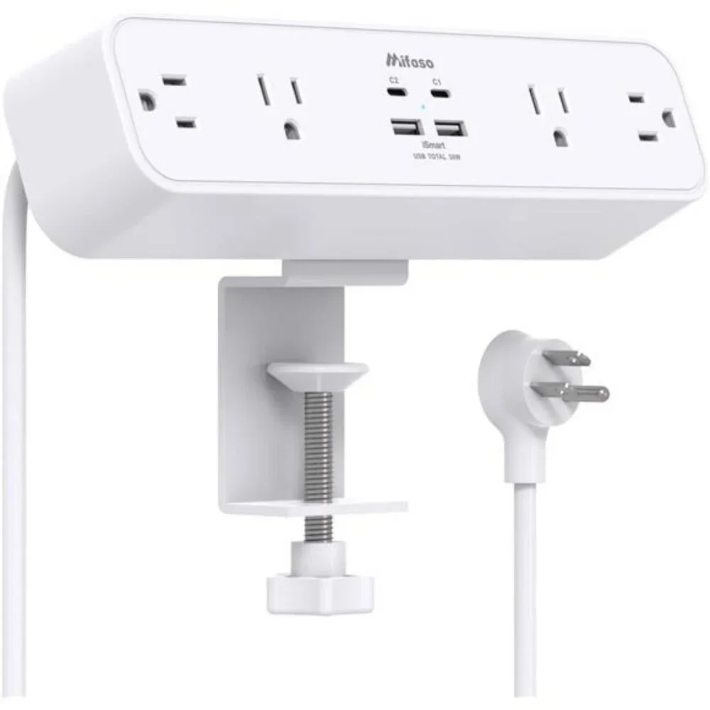 Desk clamp power strip surge protector with USB C fast charging station 5ft cord